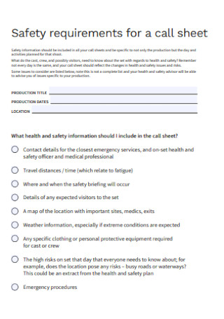 Safety Requirements for Call Sheet