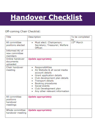 Sample Handover Checklist Template
