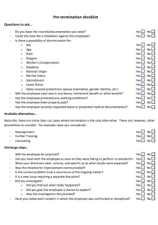 Sample Pre Termiination Checklist Template