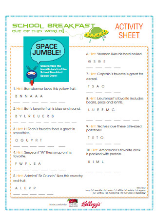 School Breakfast Activity Sheet