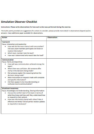 Simulation Observer Checklist