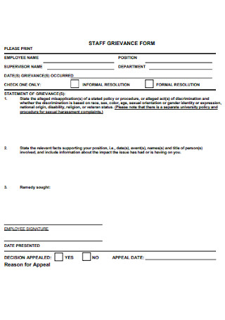 Staff Grievance Form Example