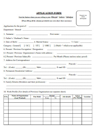 Standard Application Form Template