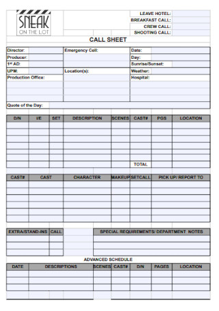 Standard Call Sheet Template