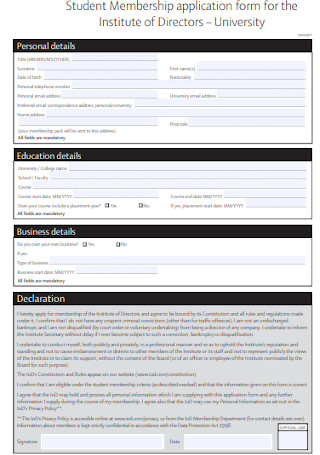 Student Membership Application Form Example