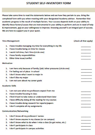 Student Self Inventory Form