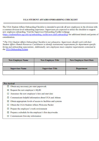 Students Affairs Onboarding Checklist