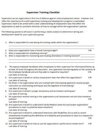 Supervisor Training Checklist 