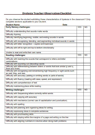 Teacher Observation Checklist Example