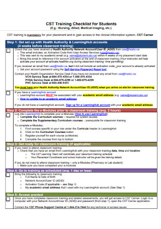 Training Checklist for Students