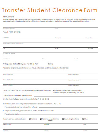 Transfer Student Clearance Form Example