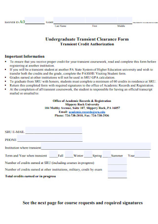 Undergraduate Transist Clearance Form