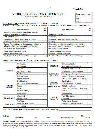 Vehicle Operator Checklist Template