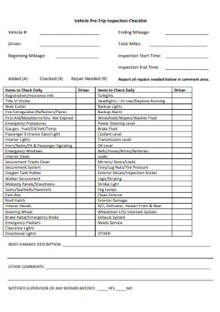 Vehicle Pre Trip Inspection Checklist
