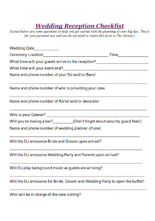 Wedding Reception Checklist Example