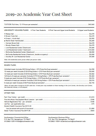 Academic Year Cost Sheet