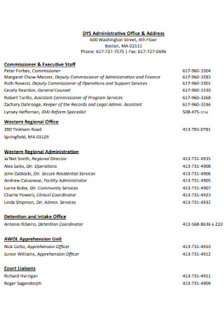 Administrative Office Contact List
