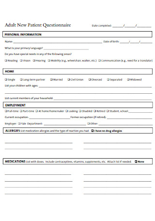 Adult New Patient Questionnaire Example