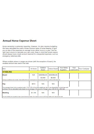 Annual Horse Expense Sheet
