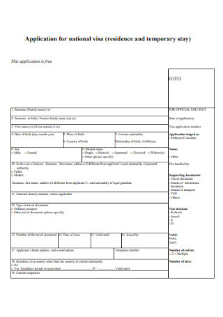 Application Form for National Visa