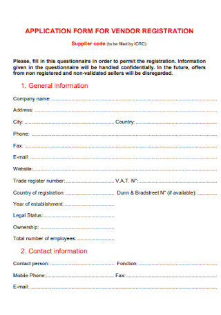 Application Form for Vendor Registration