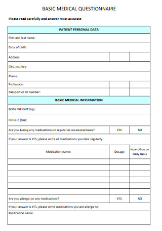 Basic Medical Questionnaire Template