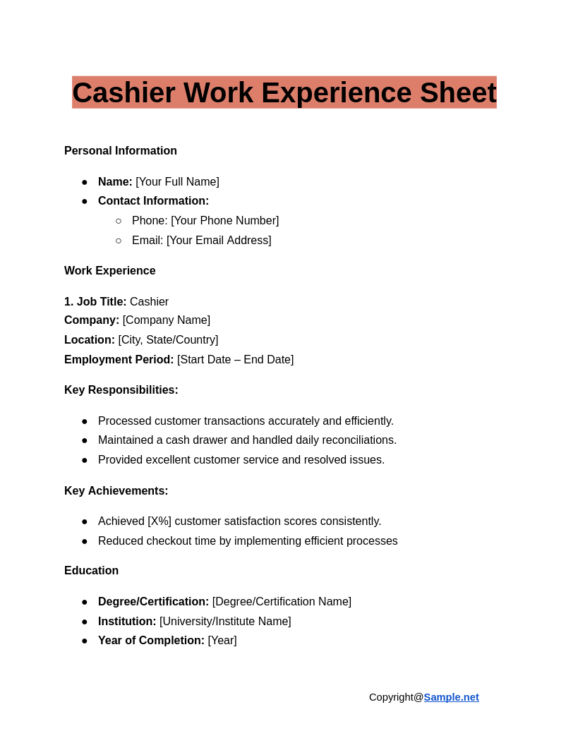 Cashier Work Experience Sheet Google Docs 01 03 2025 04 17 PM