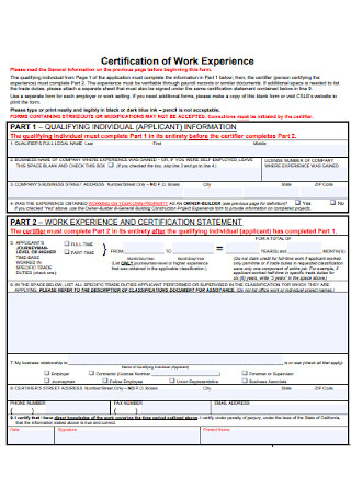 Certification of Work Experience Sheet