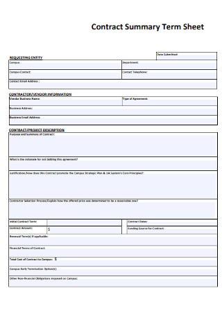 Contract Summary Term Sheet
