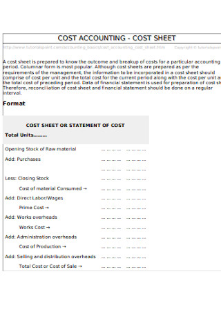 Cost Accounting Sheet