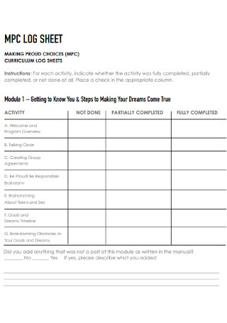 Curriculum Log Sheets