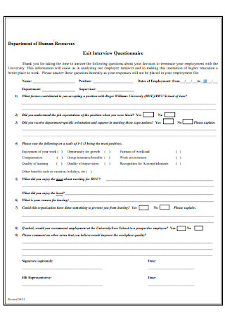 Department of HR Exit Interview Questionnaire