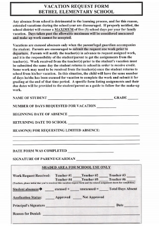 Elementary School Vacation Request Form