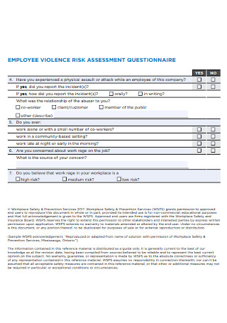 Employee Violence Risk Assessment Questionnaire