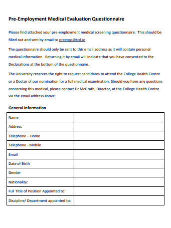 Employment Medical Evaluation Questionnaire