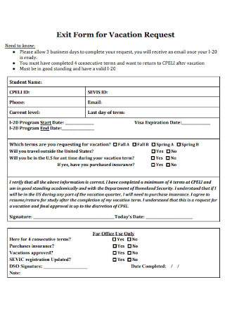 Exit Form for Vacation Request