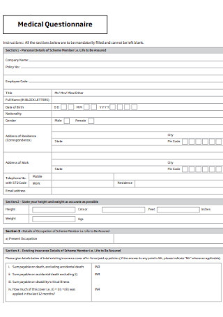 Formal Medical Questionnaire Template