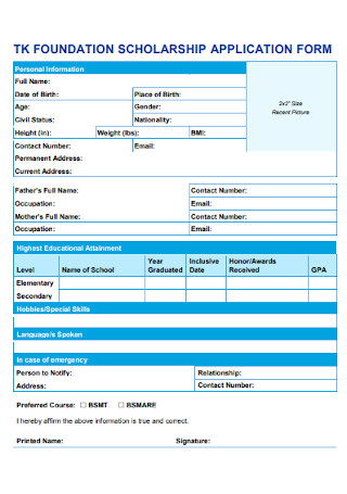 Foundation Scholarship Application Form Example