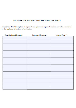 Funding Expense Summary Sheet