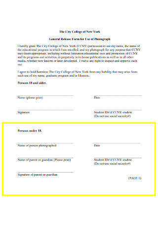 General Release Form for Use of Photograph