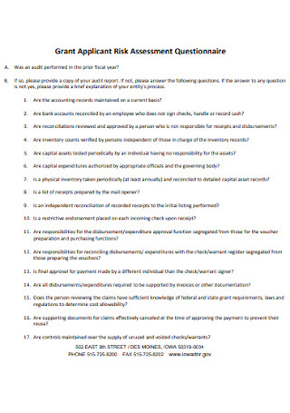 Grant Applicant Risk Assessment Questionnaire Example