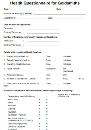 Health Questionnaire for Goldsmiths 