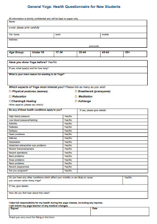 Health Questionnaire for New Students