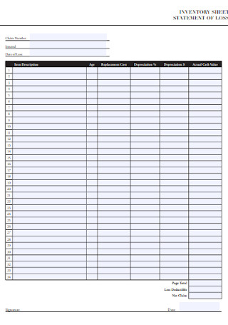 Inventory Sheet Statement of Loss Template