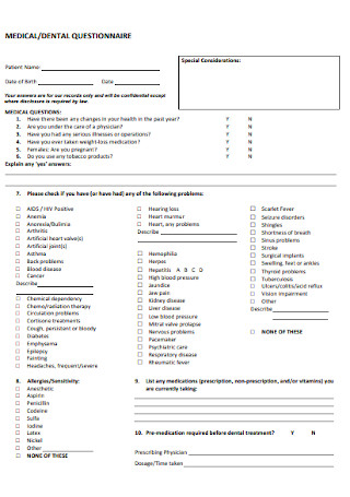Medical and Dental Questionnaire