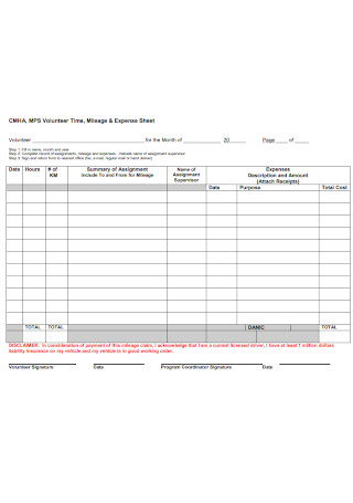 Mileage and Expense Sheet