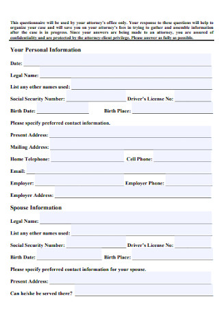 Personal Divorce Questionnaire