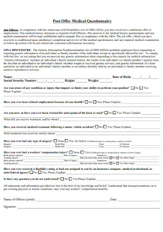 Post Offer Medical Questionnaire