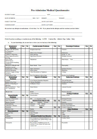 Pre Admission Medical Questionnaire