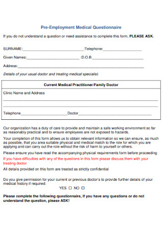 Pre Employment Medical Questionnaire 